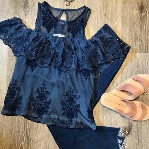 Francesca’s Cold Shoulder Blue embroidered Blouse